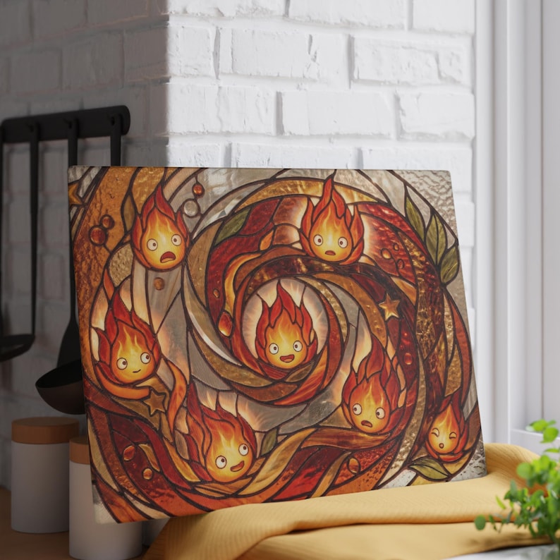 Howls Moving Castle Calcifer Fire Demon Glass Cutting Board Studio Ghibli Kitchen Decor Gift image 3