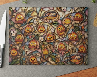 Calcifer Glass Cutting Board, Howls Moving Castle Studio Ghibli Kitchen Decor Gift