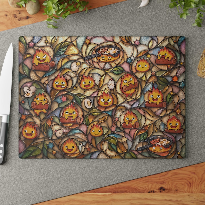 Calcifer Glass Cutting Board, Howls Moving Castle Studio Ghibli Kitchen Decor Gift 11" x 15"