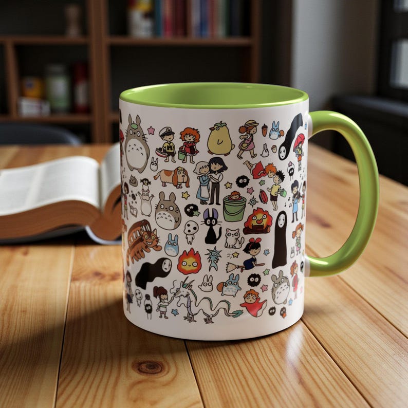 Kawaii Studio Ghibli Doodles Mug, Custom Color Anime Coffee Cup, Ghibli Fan Gift Light Green