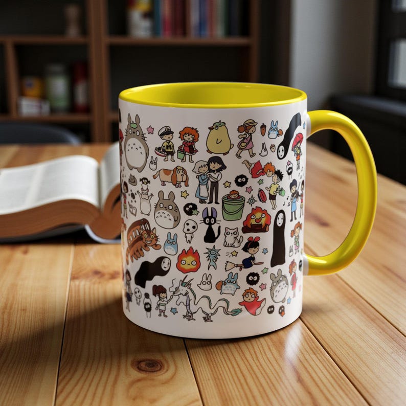 Kawaii Studio Ghibli Doodles Mug, Custom Color Anime Coffee Cup, Ghibli Fan Gift Yellow