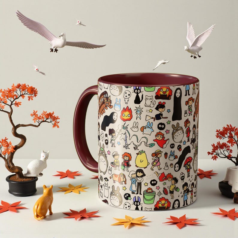Inspired by Studio Ghibli Spirited Away Totoro Forest Spirit Ceramic Mug 11oz, 10 color Maroon