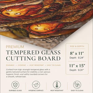 May include: A tempered glass cutting board featuring a stained glass style illustration of orange and red flame characters. The text reads Premium Tempered Glass Cutting Board, with sizes 8 inches by 11 inches and 11 inches by 15 inches listed.