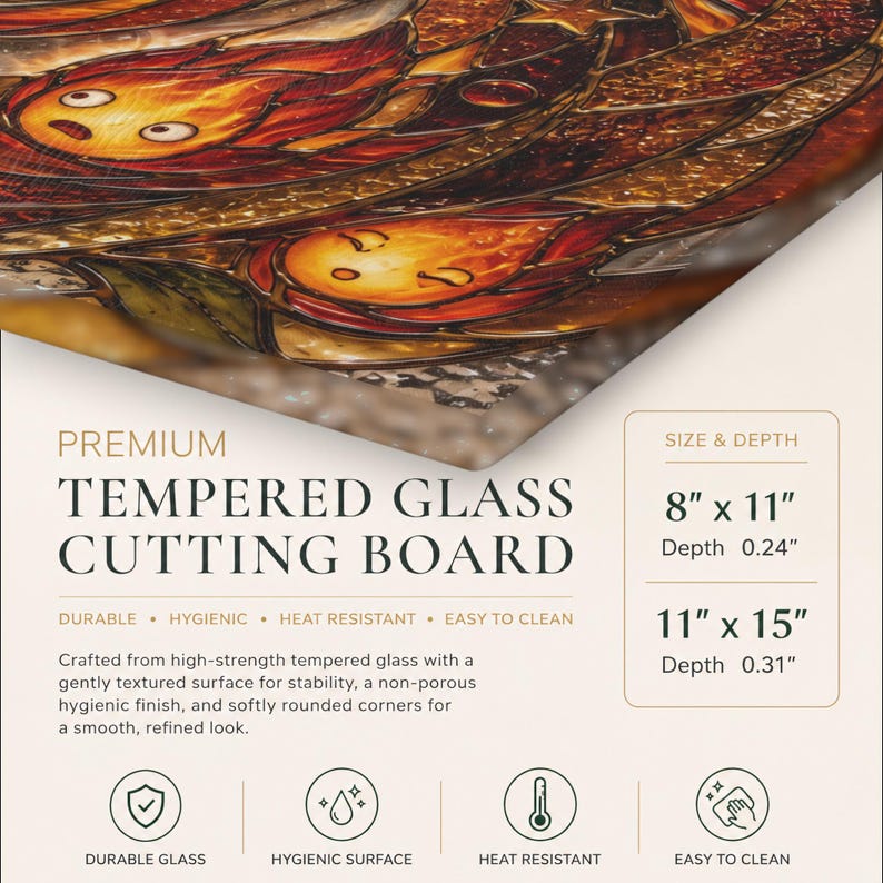 May include: A tempered glass cutting board featuring a stained glass style illustration of orange and red flame characters. The text reads Premium Tempered Glass Cutting Board, with sizes 8 inches by 11 inches and 11 inches by 15 inches listed.