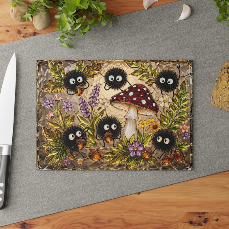 Spirited Away Soot Sprites Glass Cutting Board, Ghibli Kitchen Decor Gift 8" x 11"