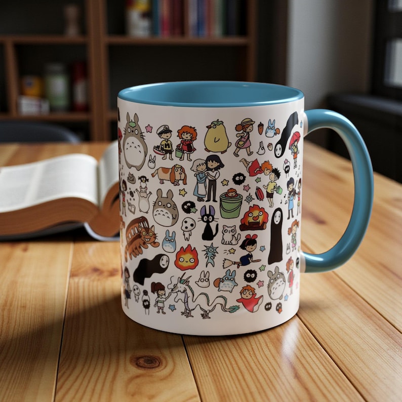 Kawaii Studio Ghibli Doodles Mug, Custom Color Anime Coffee Cup, Ghibli Fan Gift Light Blue