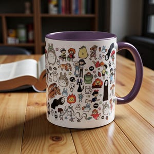 Kawaii Studio Ghibli Doodles Mug, Custom Color Anime Coffee Cup, Ghibli Fan Gift Purple