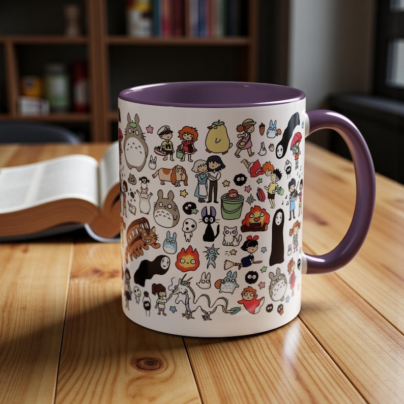 Kawaii Studio Ghibli Doodles Mug, Custom Color Anime Coffee Cup, Ghibli Fan Gift Purple