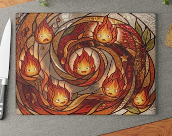 Howls Moving Castle Calcifer Fire Demon Glass Cutting Board Studio Ghibli Kitchen Decor Gift