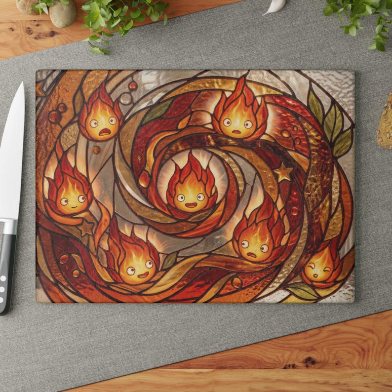 Howls Moving Castle Calcifer Fire Demon Glass Cutting Board Studio Ghibli Kitchen Decor Gift 11" x 15"