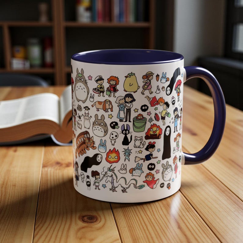 Kawaii Studio Ghibli Doodles Mug, Custom Color Anime Coffee Cup, Ghibli Fan Gift Navy