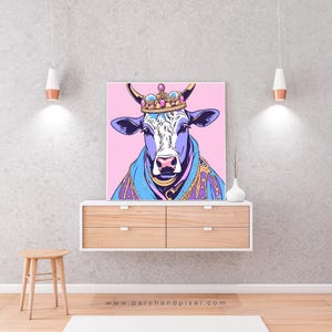 Poster vache pop art néon bêtes - un PDF CMJN haute résolution prêt à imprimer - oeuvre d'art murale professionnelle - 50 x 50 cm - décoration animal rétro vibrante