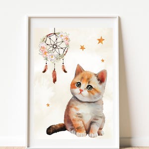Póster infantil de un gato con atrapasueños, decoración de habitación de bebé, acuarela beige, regalo de baby shower, protección del sueño.