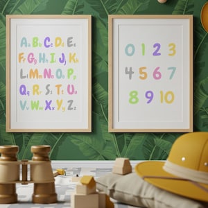 Set of 2 educational wall posters for children, playroom decoration to learn the alphabet and numbers, to print
