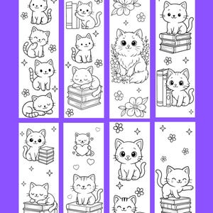 Peut inclure: Une collection de huit marque-pages à colorier sur le thème des chats. Chaque marque-page présente une illustration en noir et blanc d'un chat mignon, avec des fleurs, des livres et des étoiles. Le texte "Cat coloring bookmarks" est en haut.