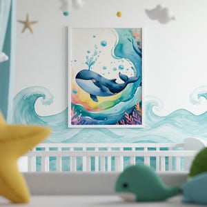 Wandplakat für die Dekoration des Kinderzimmers, Wal-Aquarell kawaii und wild, zum Herunterladen und Ausdrucken