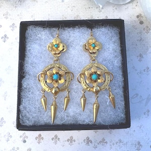 Antique Victorian 18ct Gold Turquoise Forget-Me-Not Drop Earrings. Yellow Gold & Blue Gemstone Etruscan Revival Pendant Drop Hook Earrings