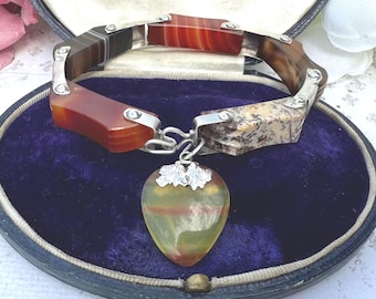 Antique Victorian Scottish Agate Bracelet: Sterling Silver Heart Charm
