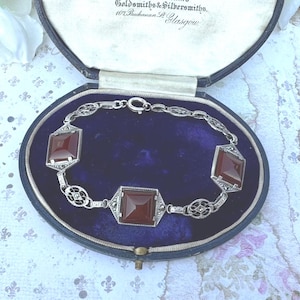 Antique Art Deco Sterling Silver Sugar Loaf Carnelian Cabochon Bracelet. Geometric Scottish Red Carnelian Gemstone Silver Panel Bracelet