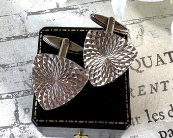 Vintage 1960s Sterling Silver Cufflinks - Guilloche Engraved Sunbursts - London Hallmarks. Wedding Groom, Dapper Dandy Formal Gifts For Him