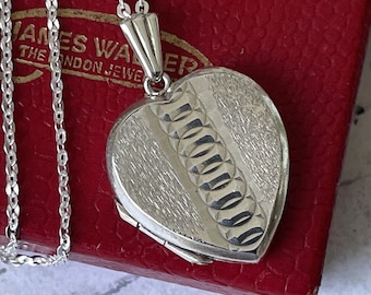 Vintage Sterling Silver Guilloche Heart Locket Necklace: Art Deco Revival