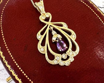 Vintage 9ct Gold Diamond Amethyst Pendant Necklace: Edwardian Style