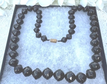 Victorian Whitby Jet Bicone Bead Necklace: English Mourning Jewelry