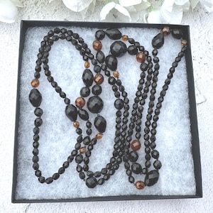 Antique Art Deco French Jet Flapper Necklace, 63&quot;/160cm Long. Black, Bronze Faceted Glass Bead Statement Necklace. Extra Long 1920&#39;s Sautoir