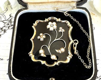 Georgian 9ct Gold Forget-Me-Not Locket Pendant Brooch: Diamond, Pearl & Hairwork Mourning Jewelry