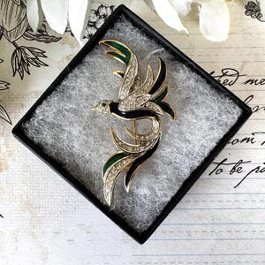 Vintage 1980&#39;s Attwood & Sawyer Crystal and Enamel 22ct Gold Plated Bird of Paradise Brooch