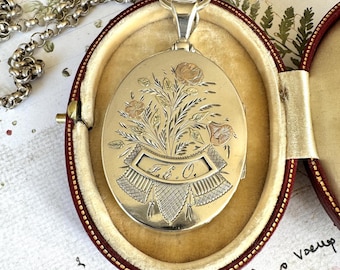 Antique Victorian Silver & Gold Aesthetic Engraved Locket Dated 1880. Large English Sterling Silver Bookchain Locket with Period Photos