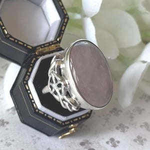Antique Arts & Crafts Sterling Silver Huge Rose Quartz Cabochon Ring. Edwardian c1910 Art Nouveau Pink Gemstone Statement Ring, Size R.5 / 9