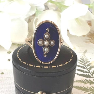 Antique Victorian 15ct Gold Mourning Ring: Enamel, Pearl Cross, Size O-1/2 / 7.5