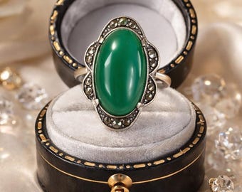 Art Deco-ring i sterlingsilver med jadegrön krysopras och markasit - 1930-tal Storlek L/5,75