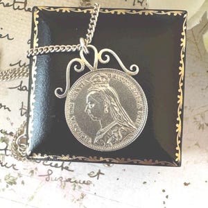 Antique Victorian 1887 Silver Shilling Pendant Necklace. Queen Victoria Sterling Silver Golden Jubilee Coin Pendant On Sterling Curb Chain