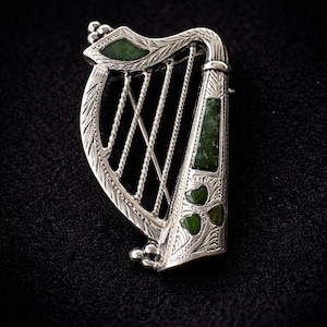 Antique Silver Irish Harp Brooch with Connemara Marble Shamrock, Hallmarked 1904