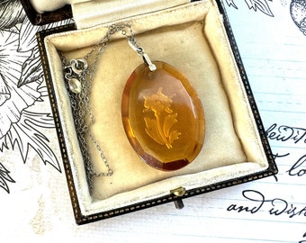 Antique Citrine Glass Intaglio Silver Pendant Necklace. Sterling Silver Edwardian /Art Deco Faceted Oval Flower Intaglio Pendant & Chain