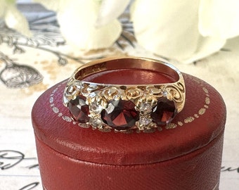 Vintage 9ct Gold Red Garnet & White Zircon Half Band Trilogy Ring. Victorian Revival Ornate Scrollwork Statement Boat Ring, Hallmarked 1972