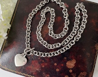 Vintage Silver & Diamond Heart Toggle Necklace. Sterling Silver T-Bar Love Heart Pendant Necklace. Belcher/Rolo Watch Chain Style Necklace