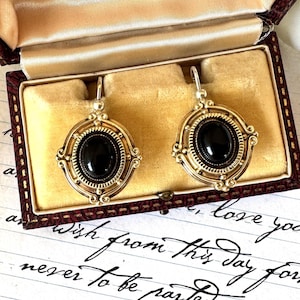 Antique Victorian Gold Vermeil & Onyx Etruscan Revival Drop Earrings