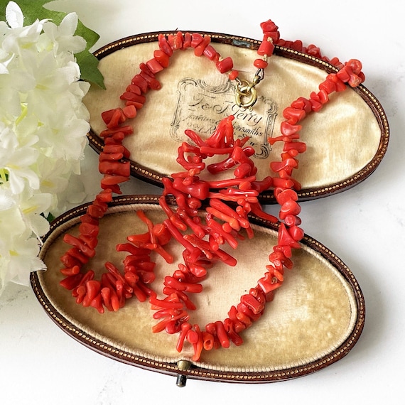 Antique Victorian Red Coral Bead Necklace. Natural