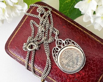 Antique Edwardian Silver Thruppenny Bit Pendant Necklace. English King George 5th Threepenny Coin, Sterling Silver Pendant Mount & Chain.