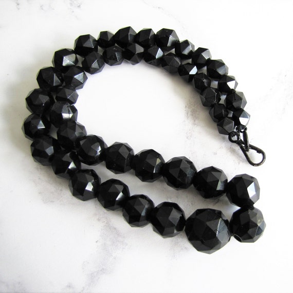 Victorian Whitby Jet Necklace Carved English Jet Necklace Antique Black Mourning Necklace Faceted Bead 24 Matinee Necklacewatch Chain - 