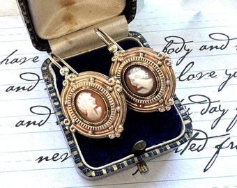 Victorian 9ct Gold Etruscan Revival Cameo Drop Earrings. Antique 9ct Gold Large Hook & Pendant Drop Earrings. Victorian Statement Earrings