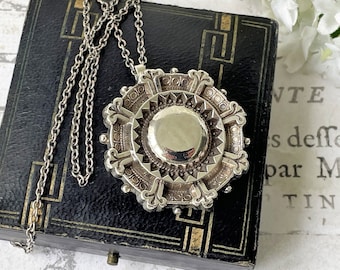 Antique Victorian c1884 Silver Target Style Locket Pendant & Chain. Sterling Silver Rondelle Wheel Pendant With Photo Compartment.