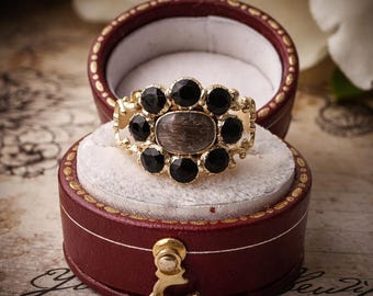 Georgian Mourning Ring: 18ct Gold Hair Locket with Black Paste Halo c1815