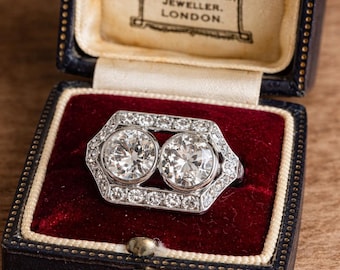 Art Deco Toi et Moi 2.40ct Diamond Ring, Matched Old European Cut Diamonds. Antique Platinum Engagement Ring