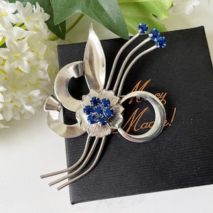 Huge Vintage 1940s Retro Sterling Silver Flower Brooch. Blue Crystal Rhinestone Statement Corsage Pin, Dorsons - Dorel USA. Art Deco Jewelry