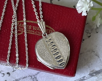 Vintage Sterling Silver Guilloche Engraved Heart Locket Necklace. Art Deco Revival 2-Photo Love Heart Locket On Sterling Silver Trace Chain