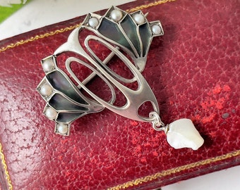 Antique Art Nouveau Plique a Jour Enamel Brooch. Edwardian Silver & Enamel Pearl Drop Brooch, Germany. Levinger Bissinger Jewelry